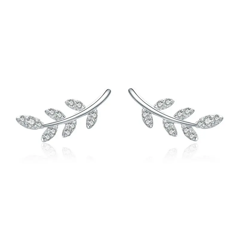 

ABAY 100% 925 Sterling Silver Spring Leaf Leaves Clear CZ Stud Earrings for Women Sterling Silver Fashion Wedding Jewelry Gift