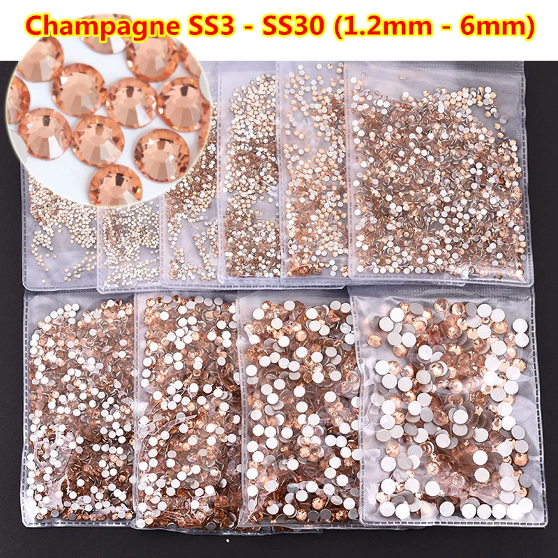 

All Sizes Champagne ss3 Nail Art Rhinestones Flatback Non HotFix Rhinestone For DIY, Nail Art Decorations, Garment Accessories