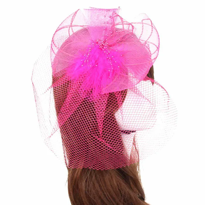 Красочные свадебные вуалетки, перо, жесткое оголовье из пряжи, шляпы для женщин, невесты, аксессуары для волос - Цвет: Rose  Red