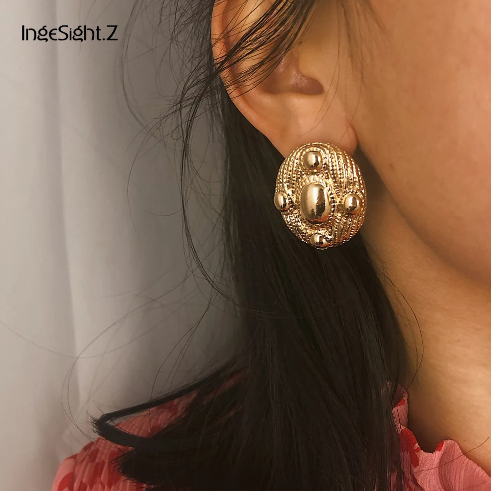 

IngeSight.Z Vintage Gold Color Earrings Statement Exaggerated Geometric Oval Stud Earrings for Women Jewelry Gift Brincos
