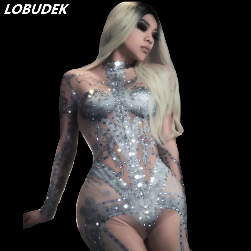 

3D Printed Stretch Long Sleeve Jumpsuit Silver Rhinestones Tight-fitting Rompers Sexy DJ Female Singer Nightclub Leotard Costume