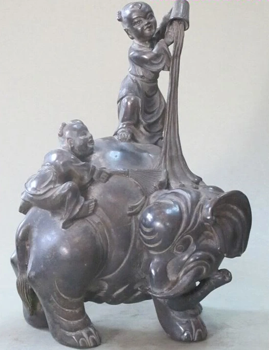 

china classical Bronze taiping xi elephant lad wash the elephant statue