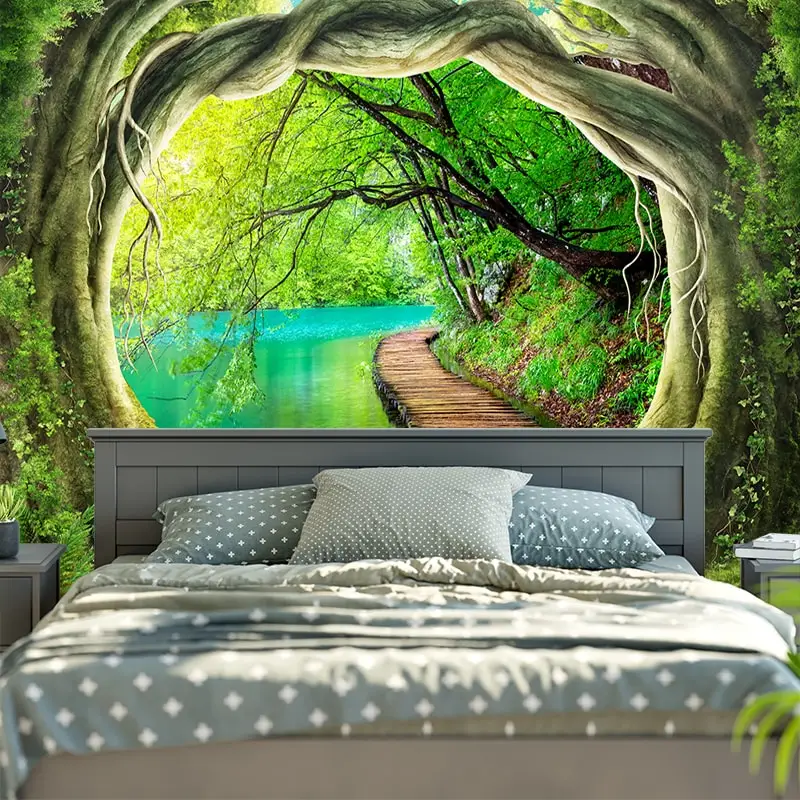 Clear River Wood Path Print Wall Tapestry Psychedelic Tree Hole Home Decor Wall Hanging for Living Room Bedroom Boho Tapestries