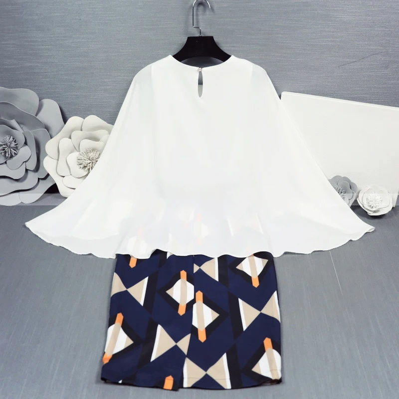 High Quality Spring Summer Two Piece Set Women Cloak Sleeve White Blouses Tops OL Printing Skirt Suits 2 Piece Set Women SL239