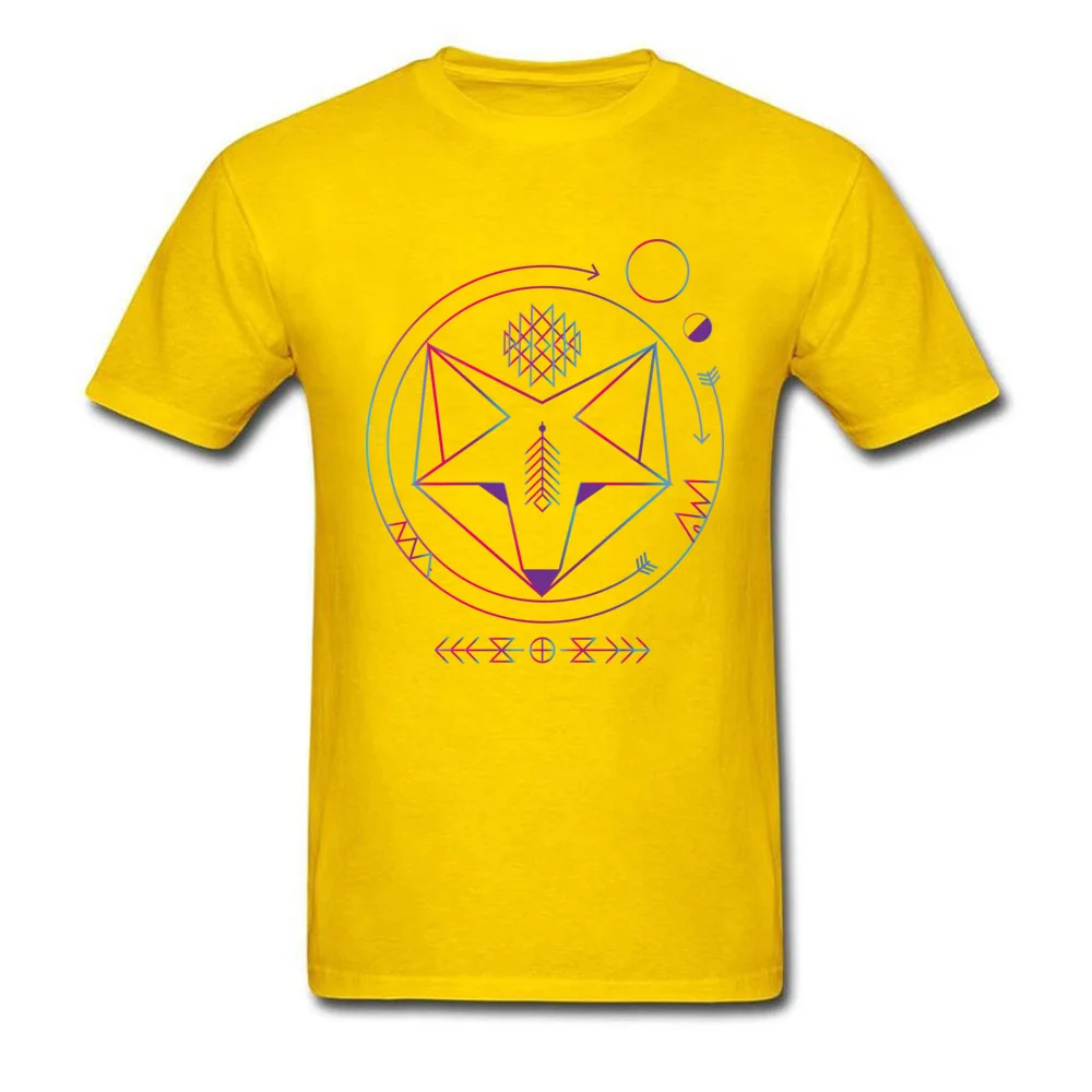Funny 100% Cotton Tops & Tees for Men Personalized Tshirts Cool Discount Round Collar Tee Shirt Short Sleeve Top Quality Geometric colored spiritual native fox art universe yellow