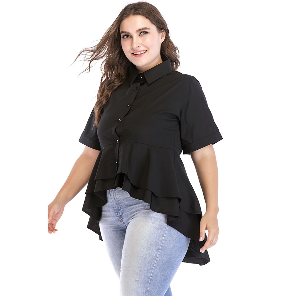 Plus Size Long Tops Women Blouses Shirt Turn Down Collar Short Sleeve ...