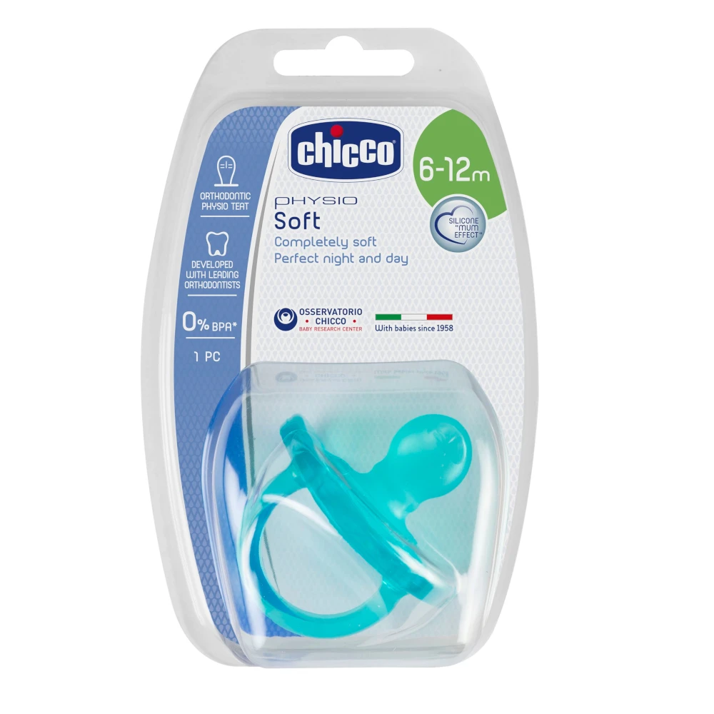 Пустышка Chicco Physio Soft, 1 шт., 6-12 мес., силикон, голубая