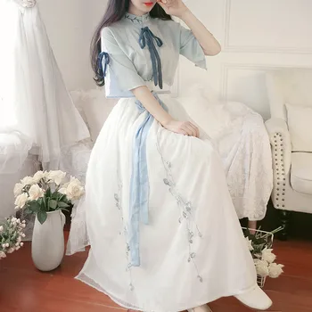 

Two Pieces Improved Cheongsam Dress Sets Costume Female Chinese Style Hanfu Outfits Elegant 2pc Summer Student Girl Skirt Suits