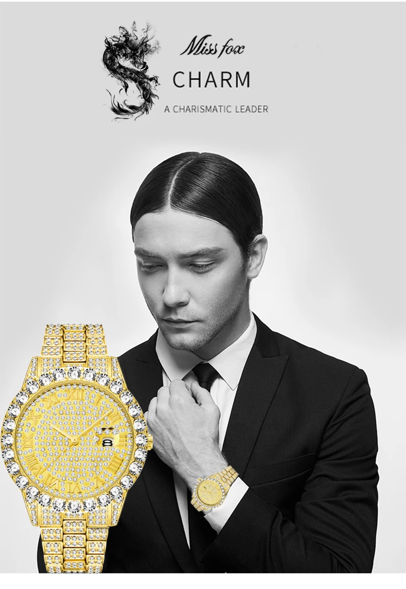 MISSFOX дропшиппинг часы мужские розовое золото с большим бриллиантом календарь Мужские часы лучший бренд класса люкс водонепроницаемые Iced Out часы горячая