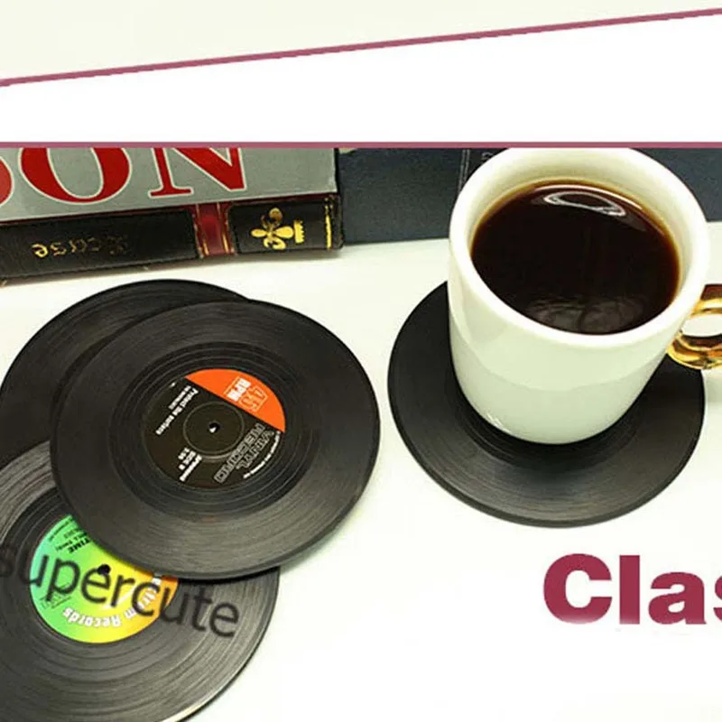 6Pcs/Set Retro Record Black Cup Place Mats Anti-skid Table Vinyl Drink Coasters Bar Cafe Pad Placemats Decoration |