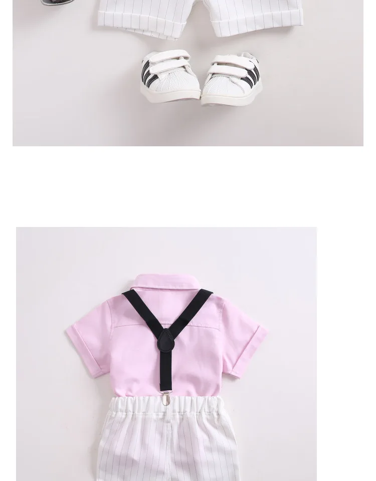 Baby Boys Clothing Sets New Summer Children Formal Pink short sleeve Shirt+shorts+Straps+Bow Kids 4PC Suits Boy Clothes