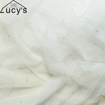 

300CM width continuous net tulle 2 Yards/lot high quality soft tulle lace fabric with pearls Off white beaded lace fabric NEW!