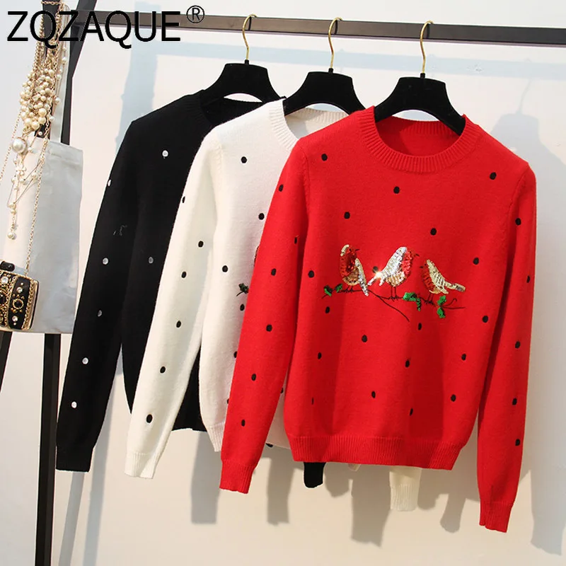

Luxury O Neck Collar Long Sleeves Knit Sweaters Sequined Birds Embroidery Jumpers Pullover Good Quality Women Girls Chic Warm