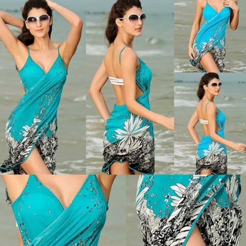 

Women Spaghetti Strap Sexy Deep V-Neck Backless Bikini Cover Up Vintage Floral Polka Dot Print Wrapped Beach Dress Bathing Suit