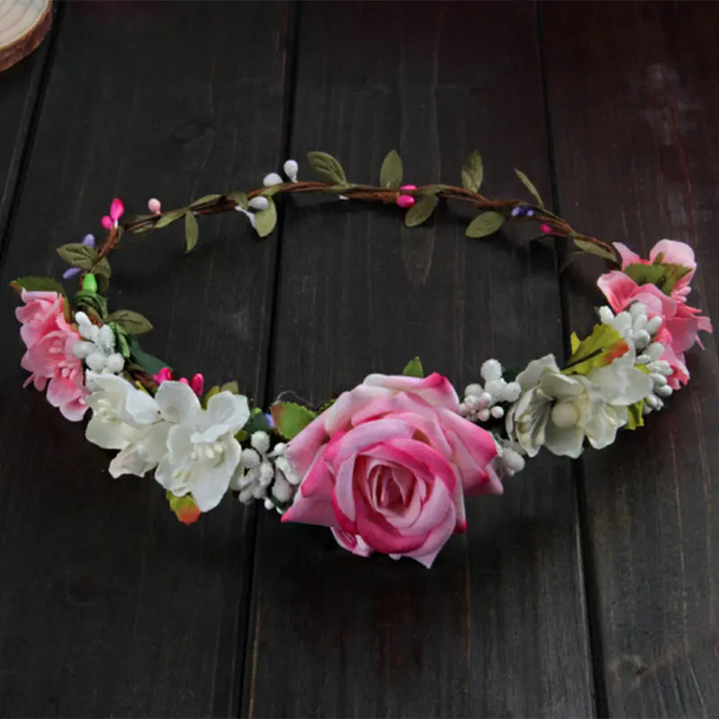 Для женщин Свадебные цветок гирлянда с короной и повязка на голову с цветочным принтом или принтом роз ручной работы для отдыха для девочек Малыш венок Декор фестивалей - Окраска металла: Pink