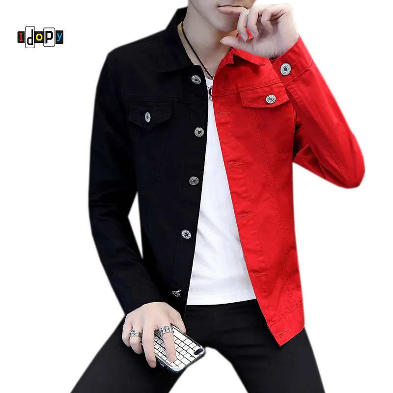 

Idopy Casual Slim Denim Jacket For Men New White And White Red Patch Jeans Jacket Letters Embroided Streetwear Denim Coat Man
