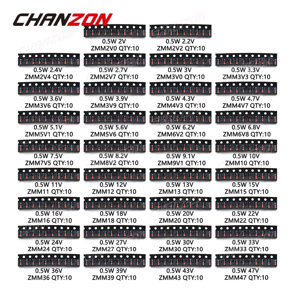 0 5 W SMD зенеровские набор сортированных диодов (2V 3В 3 V 6 1 7 10V 12V 13V 15V 16 18 20 22 24V 30 в 36 39 47