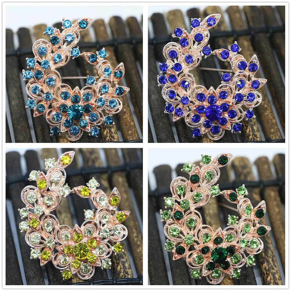 Exquisite flower 8 colors rhinestone crystal brooches rose gold plated clothes charms pins jewelry B1441