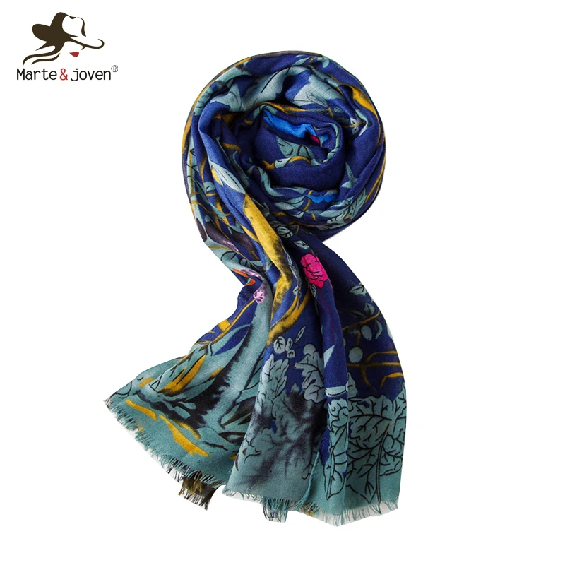 

Marte&Joven Art Flower Plant Print Autumn Winter Warm Fringed Scarf Shawls for Women Elegant Large Size Soft Muslim Hijab Wraps