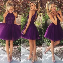 Dark Purple Shor Neckholder Perlen Falten Tüll Mini Keyhole Zurück Prom Kleider Homecoming Kleider Cocktailkleider