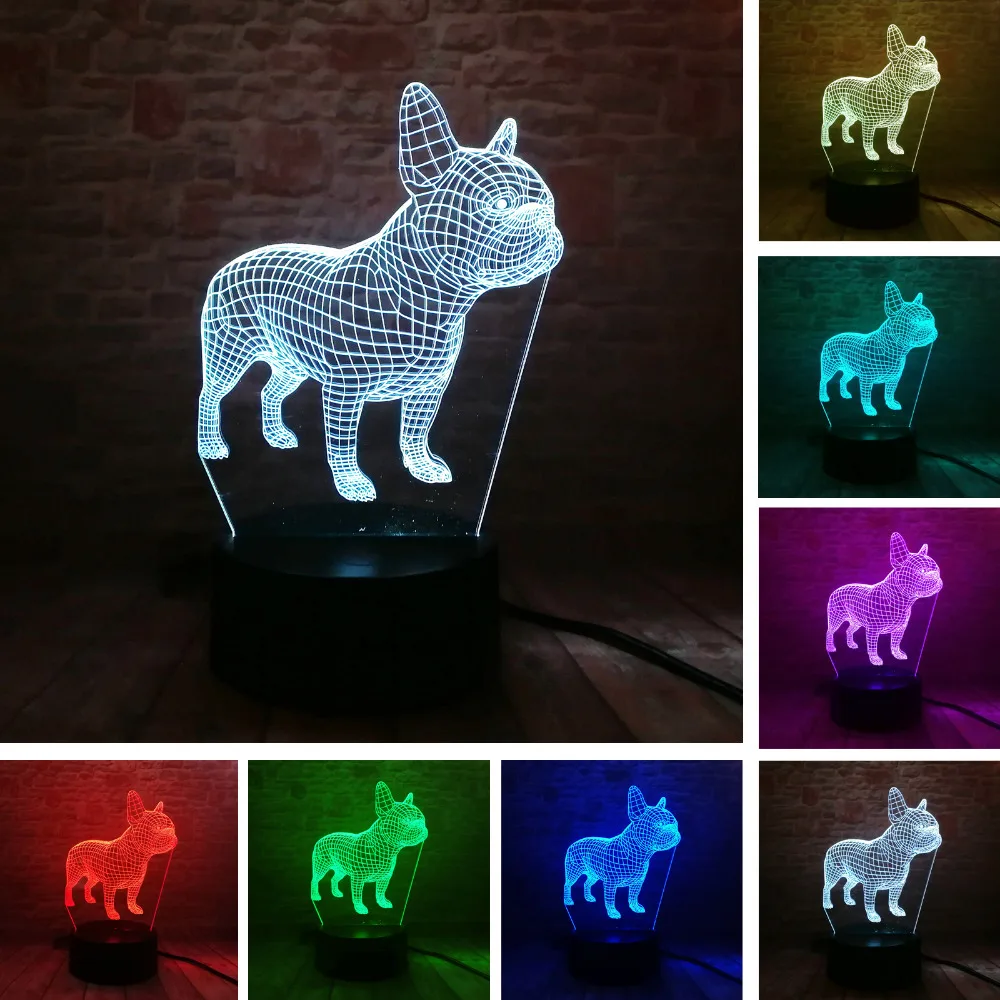 Французский бульдог 3D светодиодный ночник 7 цветов USB голограмма настольная