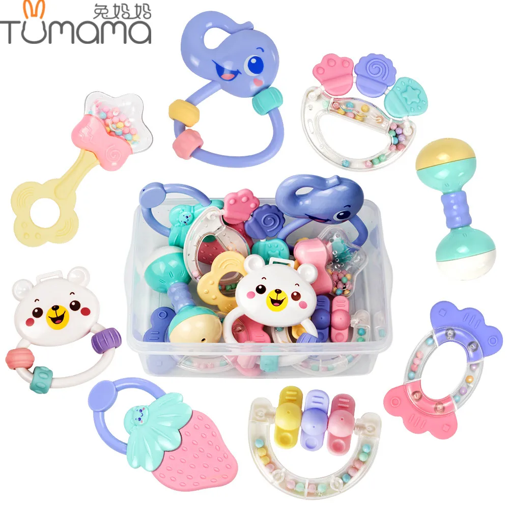 Tumama 8PCS Newborn Flexible Teether Rattles Infant Animal Hand Bell Musical Baby Child Toy Development Hear Bed Bell Handbell