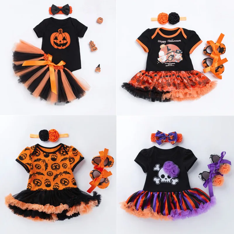 Hot Newborn Baby Girls Rompers Children Pumpkin Print Jumpsuit Tutu Skirt 3 piece Clothing Set Kids Halloween Party Outfits Gift | Мать и