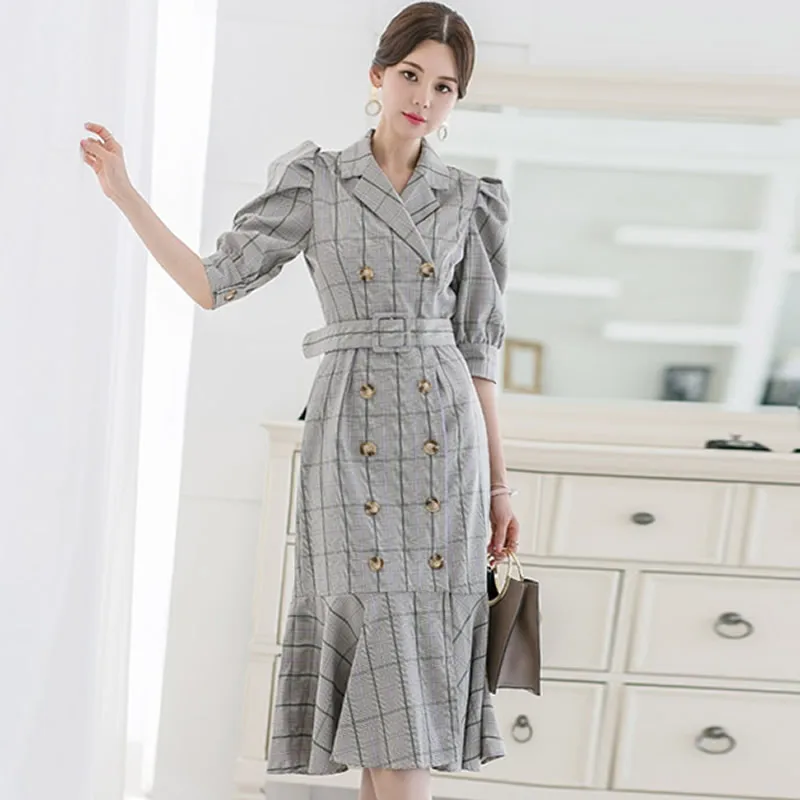 

Summer Half Sleeve Vintage Knee-Length Cloth Double Breasted Sashes Notched Bodycon Plaid Fishtail Work Dress