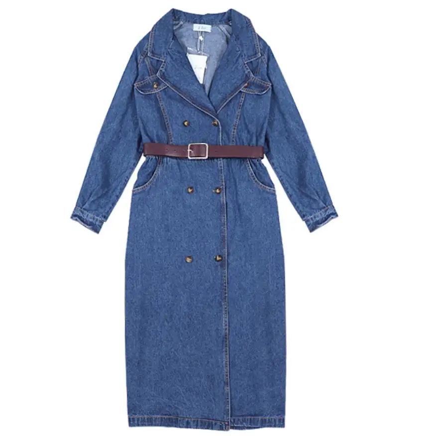 

autumn new Women denim trench coat long windbreaker vintage long sleeve double breasted coat