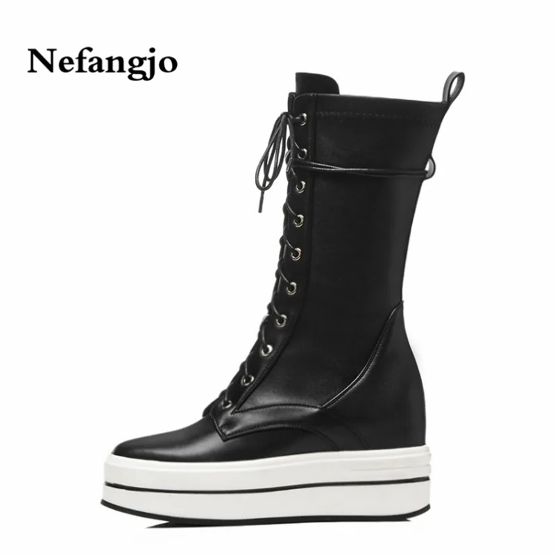 

Nefangjo 2018 New Martin Boots Genuine Leather Mid-Calf Boots Women Shoes Platforms Round Toe Lace-Up Comfortable Women Boots