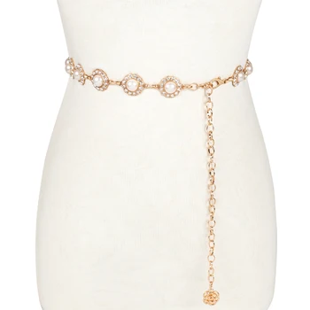 

Elegant Ladies Pearl Waist Chain Belt Fashion Metal Alloy Long Tassel Rhinestone Strap Dress Belt Women Hook Buckle Pearl Belts