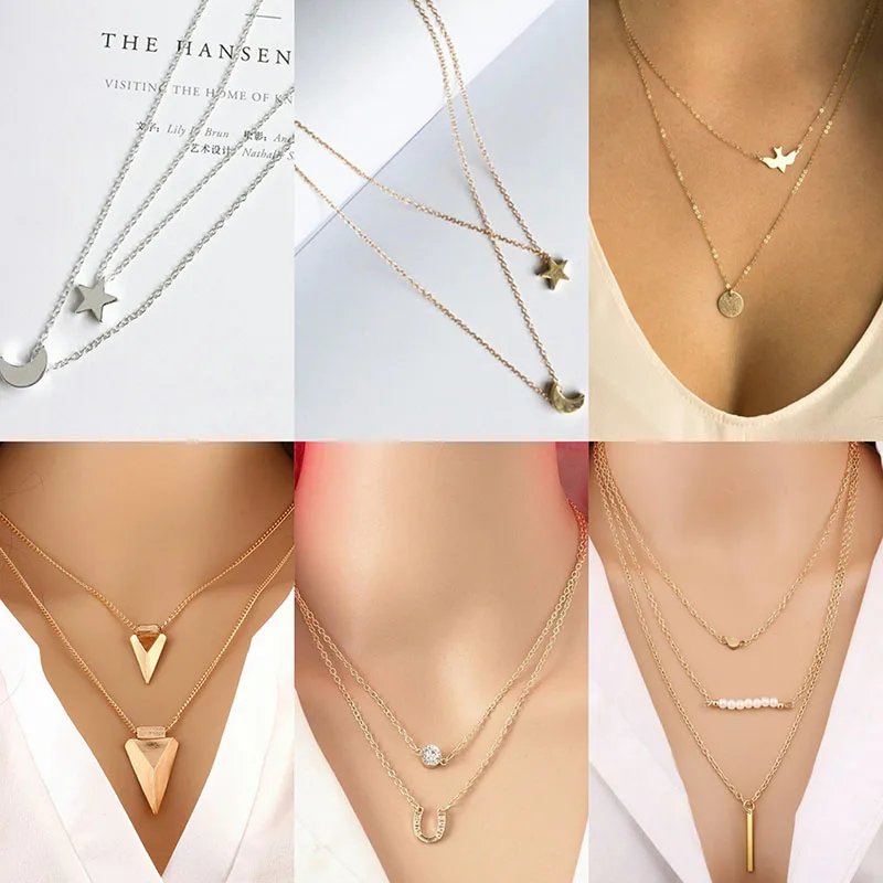 

New Fashion Long Tassel Moon Stars Necklace Ladies Pendant Multi-Layer Sequins Short Necklace Necklace Pendant