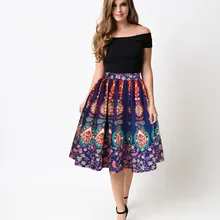 Ретро Цветочный Принт миди юбки женские с высокой талией винтажные трапециевидные уличные плиссированная для катания на коньках юбки эластичная талия труба миди юбка