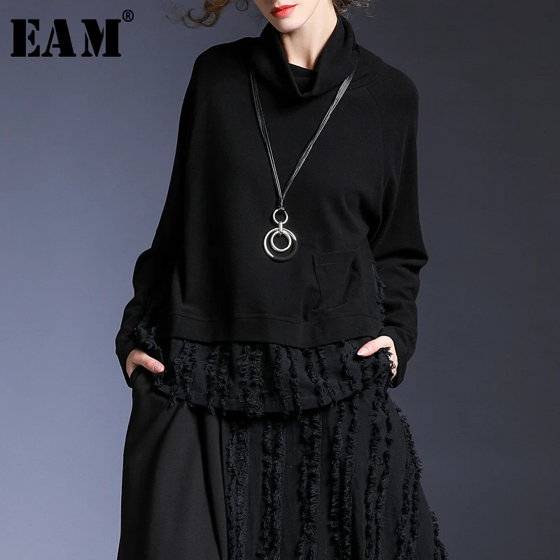 

[EAM] 2019 New Autumn High Collar Long Sleeve Black Loose Hit Color Burr Stitch Large Size Sweatshirt Women Fashion JK427