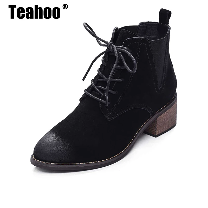 Teahoo/ботинки из натуральной кожи в стиле ретро; Женская Осенняя обувь; женские ботильоны на шнуровке с острым носком; короткие ботиночки; женские ботильоны