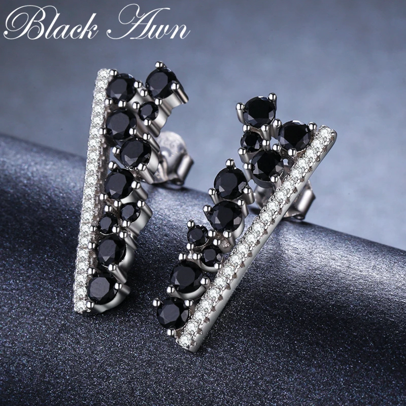 [BLACK AWN] изящное ювелирное изделие, 925 пробы серебряные серьги, черная шпинель, свадебные серьги-гвоздики для женщин I055