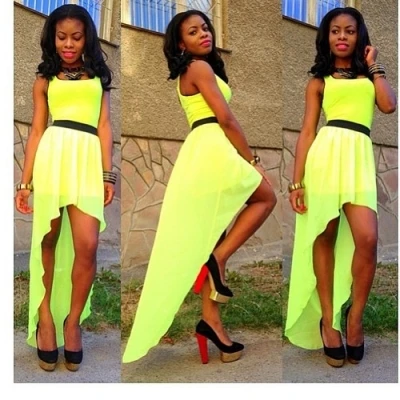 

Yellow Sleeveless Asymmetry Dress with Belt S,M,L Fashion Round Neck Maxi Dress for Women