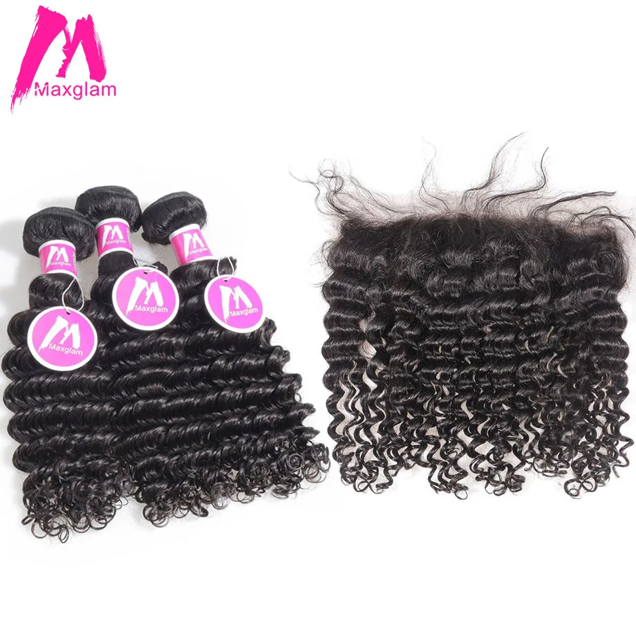 

Maxglam Malaysian Deep Wave 3 Remy Human Hair Weave Bundles With Lace Frontal Closure Deal Free Shipping