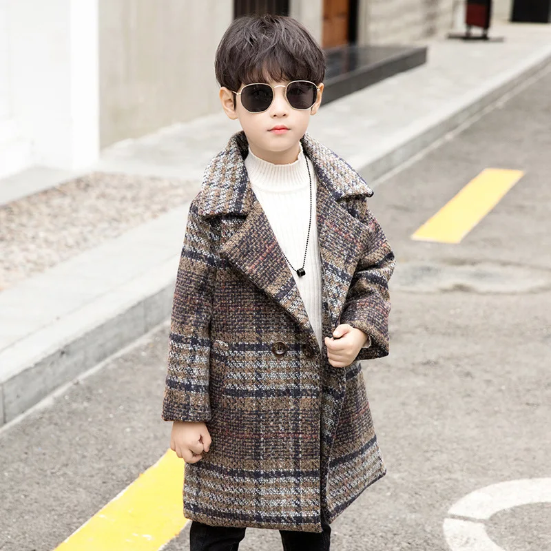 От 4 до 12 лет для мальчиков; повседневное пальто из искусственной шерсти с капюшоном; зимние теплые модные куртки средней длины в клетку в Корейском стиле