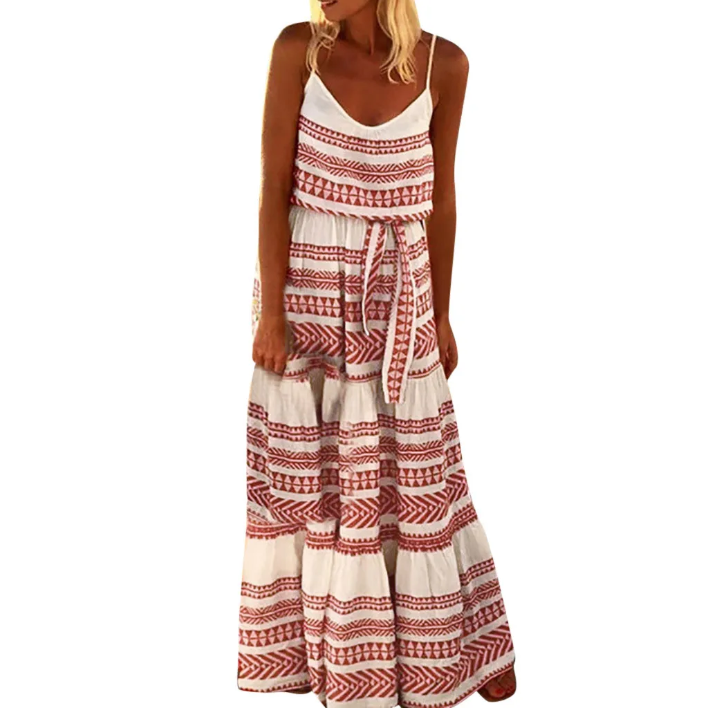 

JAYCOSIN Women Off Shoulder Striped Print Boho Dress Fashion Beach Summer Dresses Backless Straps Plus Size Maxi Dress Vestidos