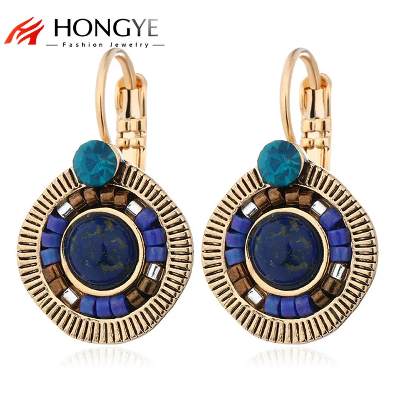 Boho Винтаж Brincos несколько цветов синий черный красный кристалл камень горный хрусталь круглые серьги-клипсы тибетские Этнические женские ювелирные изделия
