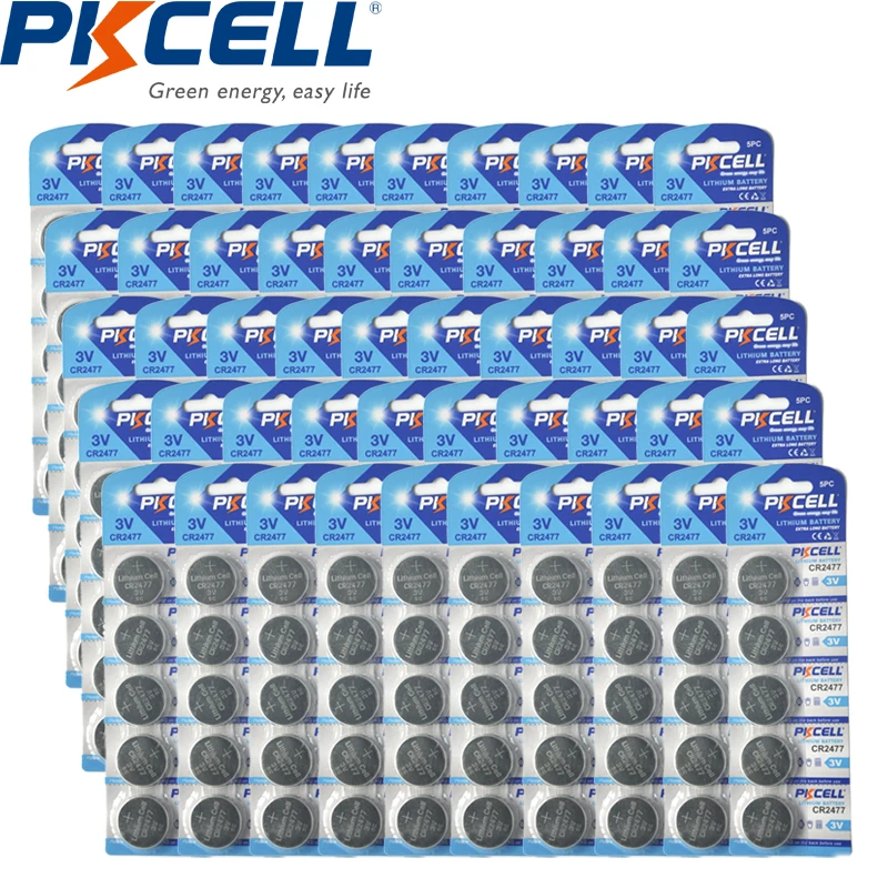 

250PCS/50card PKCELL 3V CR2477 DL2477 ECR2477 LM2477 KCR2477 CR 2477 Button Coin Cell 3V Lithium Battery for Blood Glucose
