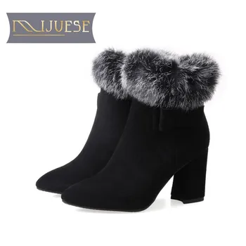 

MLJUESE 2018 women ankle boots cow Suede rabbit hair butterfly zippers winter short plush boots high heels snow boots 40