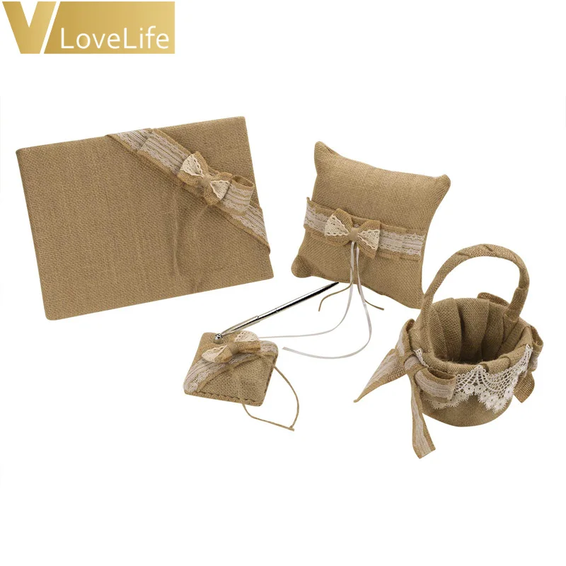 

4Pcs/Set Burlap Hessian Wedding Ring Pillow Rustic Flower Basket Guest Book Decoration Pen Stand Wedding Ceremony Supplies