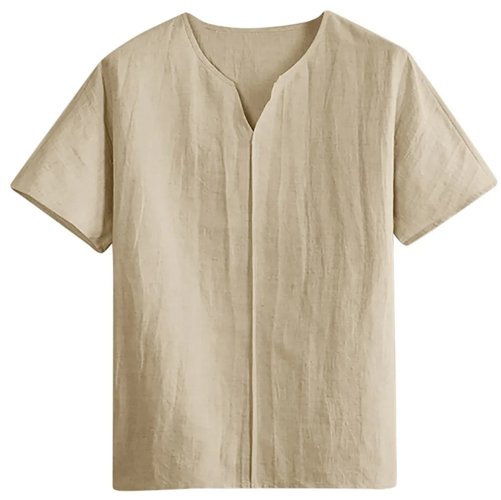 Летние льняное с короткими рукавами рубашки для мужчин повседневные свободные однотонные рубашки с коротким рукавом с v-образным вырезом