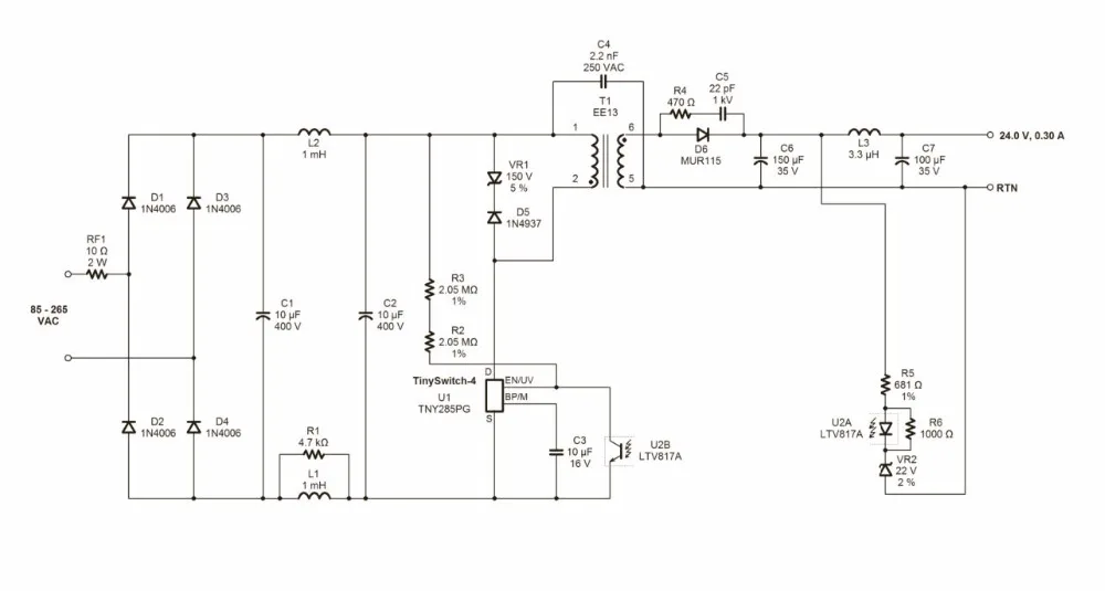 EE13 Трансформатор smps 85-265VAC до 24 В высокочастотный ферритовый сердечник трансформатор горизонтальный PI устройство TNY285PG