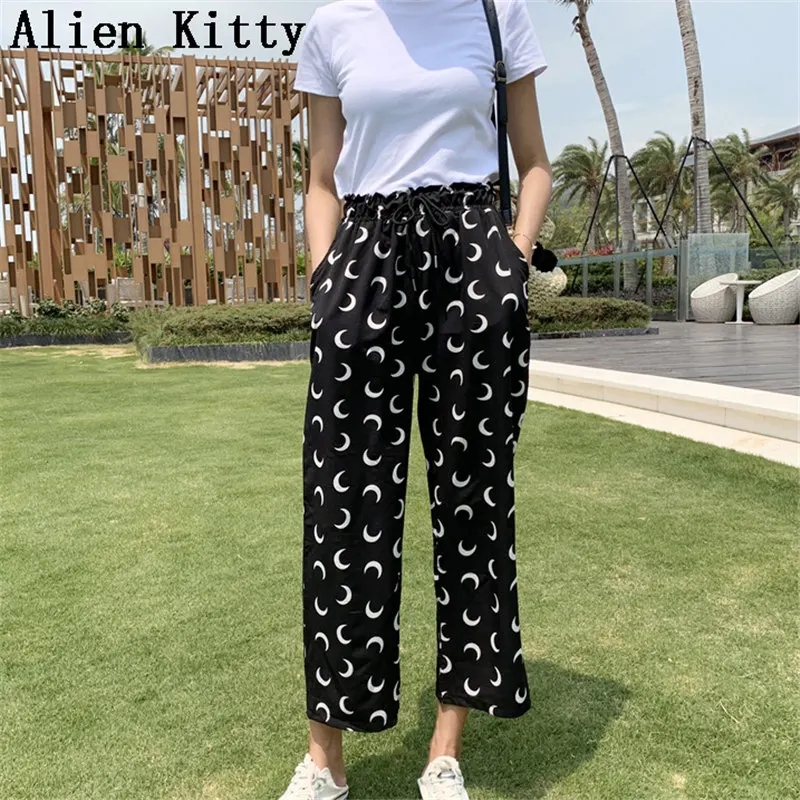 

Alien Kitty Summer Drawstring High Waist Korea Chiffon Print Moon Elastic Casual Thin Loose Ankle Length Plus Wide Leg Pants