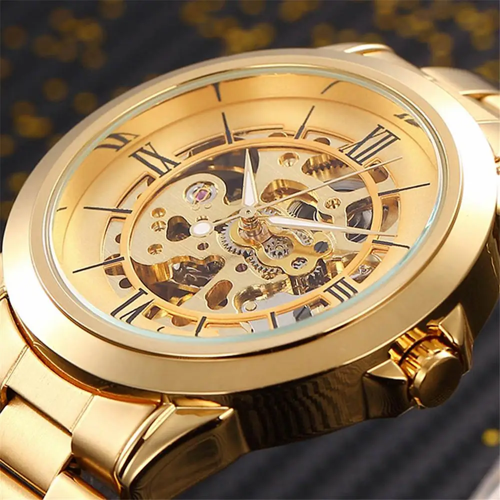 Baratos SHENHUA lujo reloj automático Caja Oro romano Dial Steel Band hombres vestido clásico reloj esqueleto mecánico Relojes