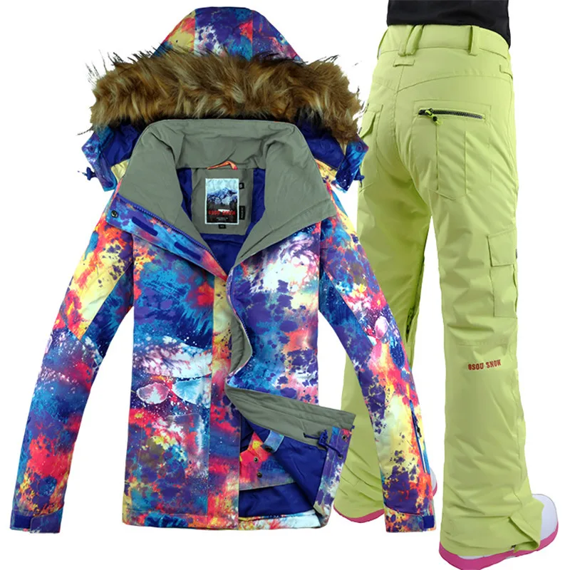 Водонепроницаемый Gsou снег лыжный костюм, двухслойная сноуборд Для женщин куртка для снежной погоды+ штаны теплая одежда ветрозащитный