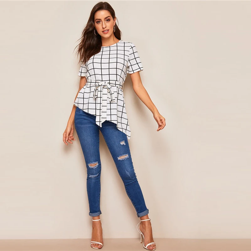 SHEIN летняя блузка с асимметричным подолом и поясом в сетку женская одежда OL Элегантная блузка с коротким рукавом и круглым вырезом Женские топы